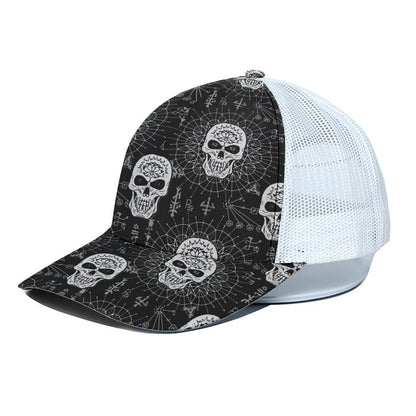 Black And White Wicca Evil Skull Print White Mesh Trucker Cap