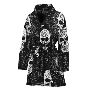 Black And White Wicca Evil Skull Print Women's Bathrobe