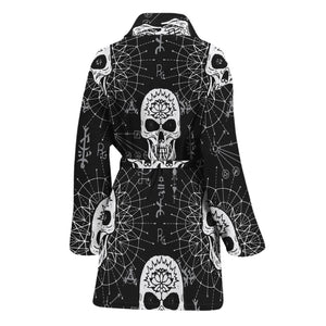 Black And White Wicca Evil Skull Print Women's Bathrobe