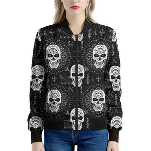 Black And White Wicca Evil Skull Print Women's Bomber Jacket