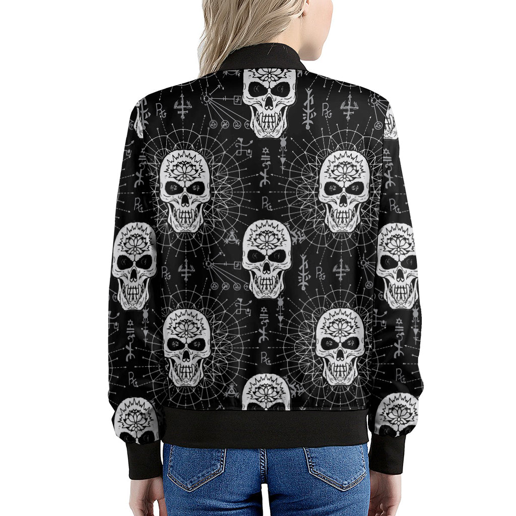 Black And White Wicca Evil Skull Print Women's Bomber Jacket