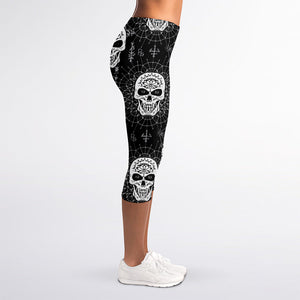 Black And White Wicca Evil Skull Print Women's Capri Leggings