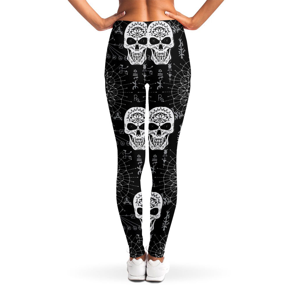 Black And White Wicca Evil Skull Print Women's Leggings