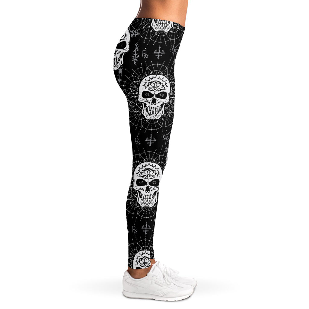 Black And White Wicca Evil Skull Print Women's Leggings