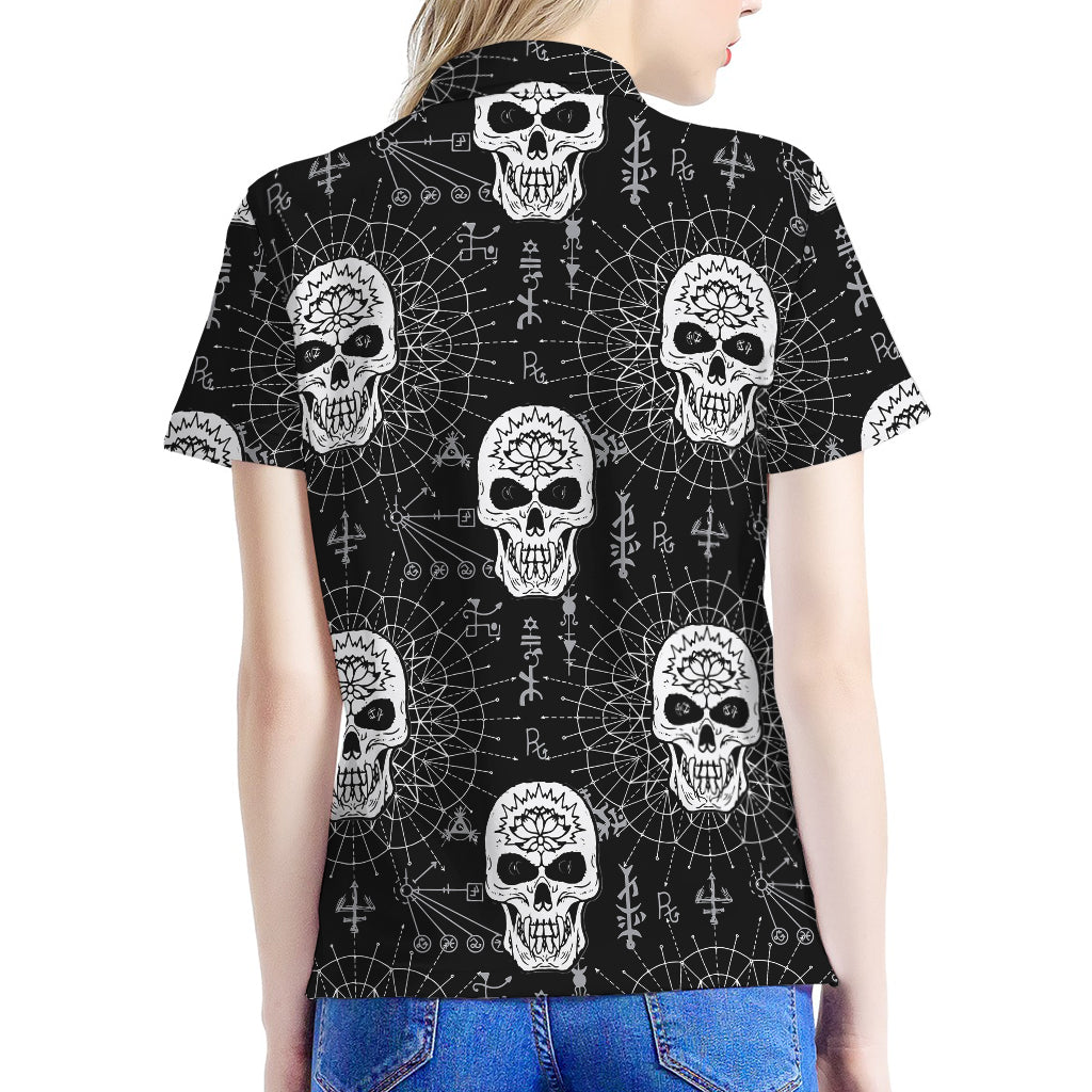 Black And White Wicca Evil Skull Print Women's Polo Shirt
