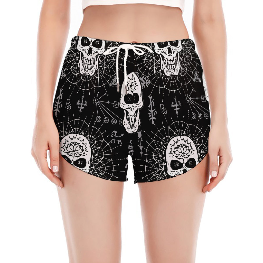 Black And White Wicca Evil Skull Print Women's Split Running Shorts