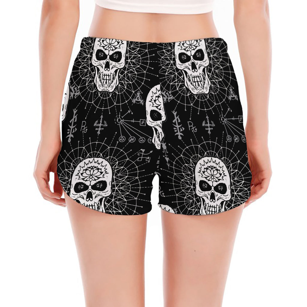 Black And White Wicca Evil Skull Print Women's Split Running Shorts