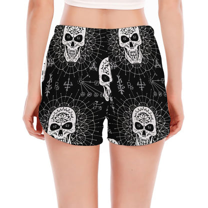 Black And White Wicca Evil Skull Print Women's Split Running Shorts