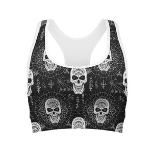 Black And White Wicca Evil Skull Print Women's Sports Bra