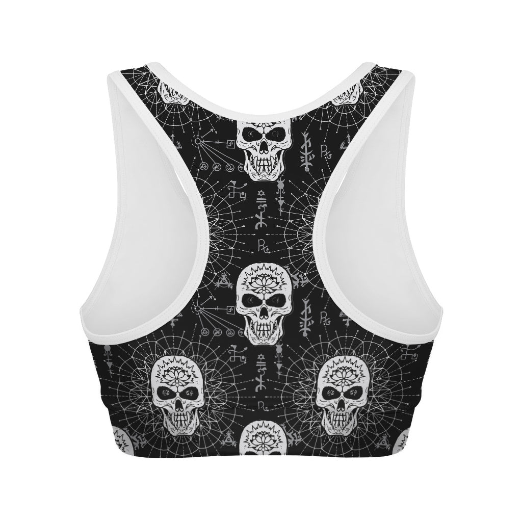 Black And White Wicca Evil Skull Print Women's Sports Bra