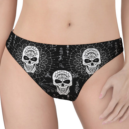 Black And White Wicca Evil Skull Print Women's Thong