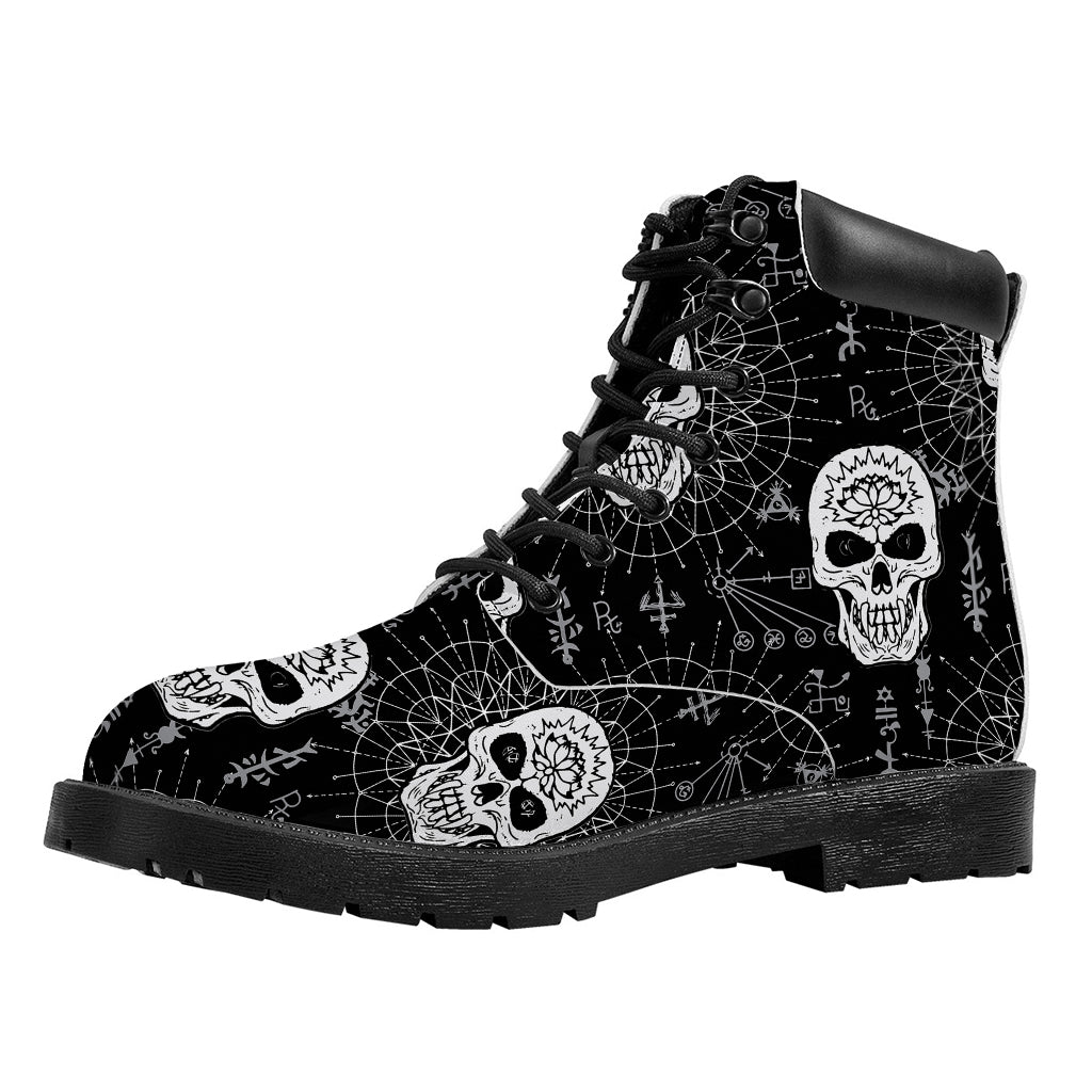 Black And White Wicca Evil Skull Print Work Boots