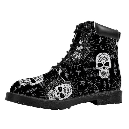 Black And White Wicca Evil Skull Print Work Boots