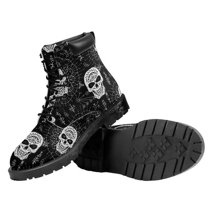 Black And White Wicca Evil Skull Print Work Boots