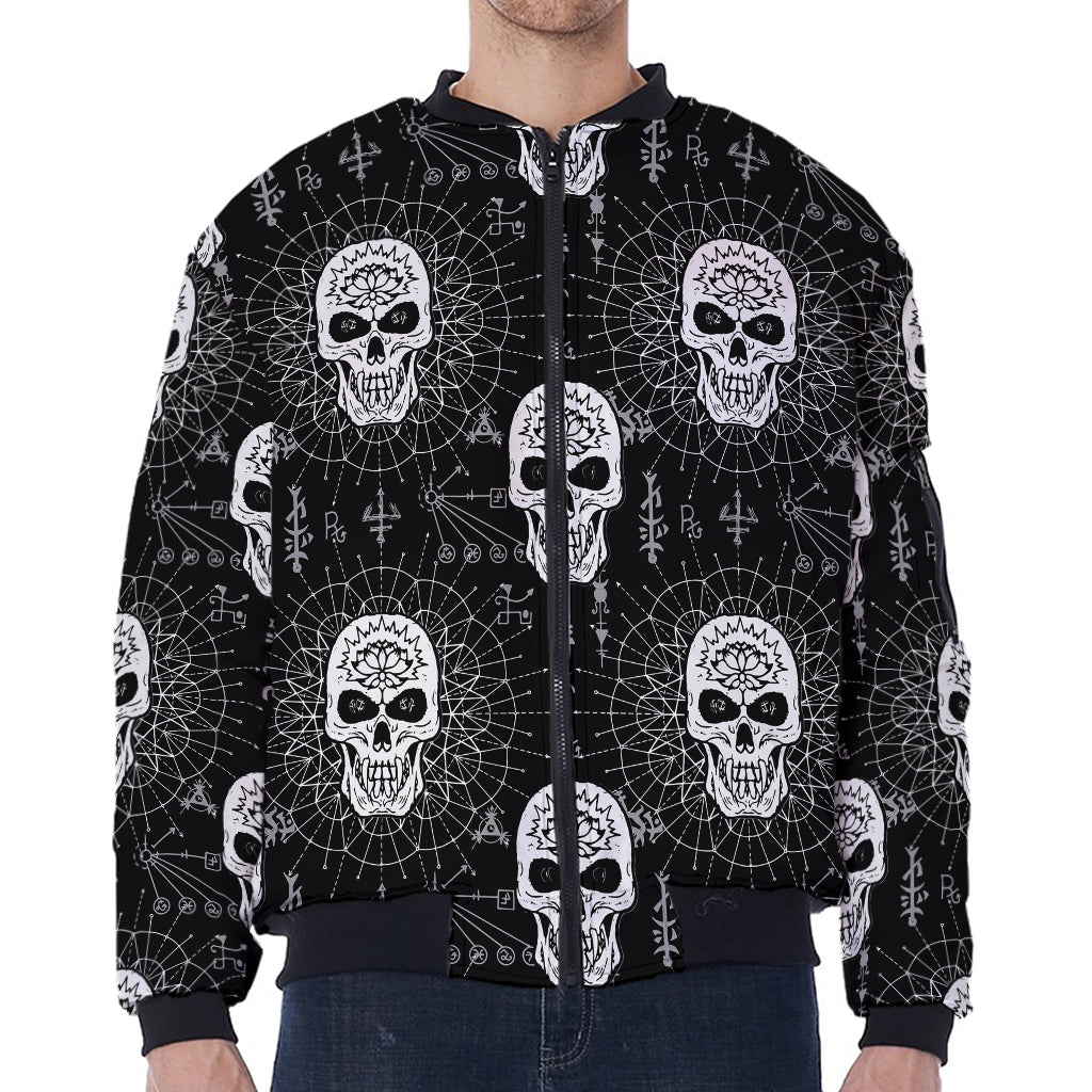 Black And White Wicca Evil Skull Print Zip Sleeve Bomber Jacket