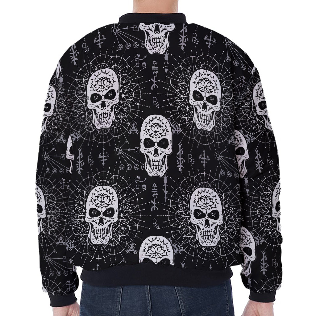 Black And White Wicca Evil Skull Print Zip Sleeve Bomber Jacket