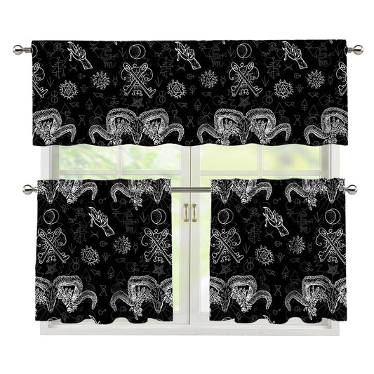 Black And White Wicca Gothic Print 3 Piece Kitchen Curtains