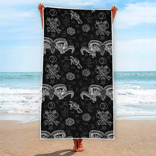 Black And White Wicca Gothic Print Beach Towel
