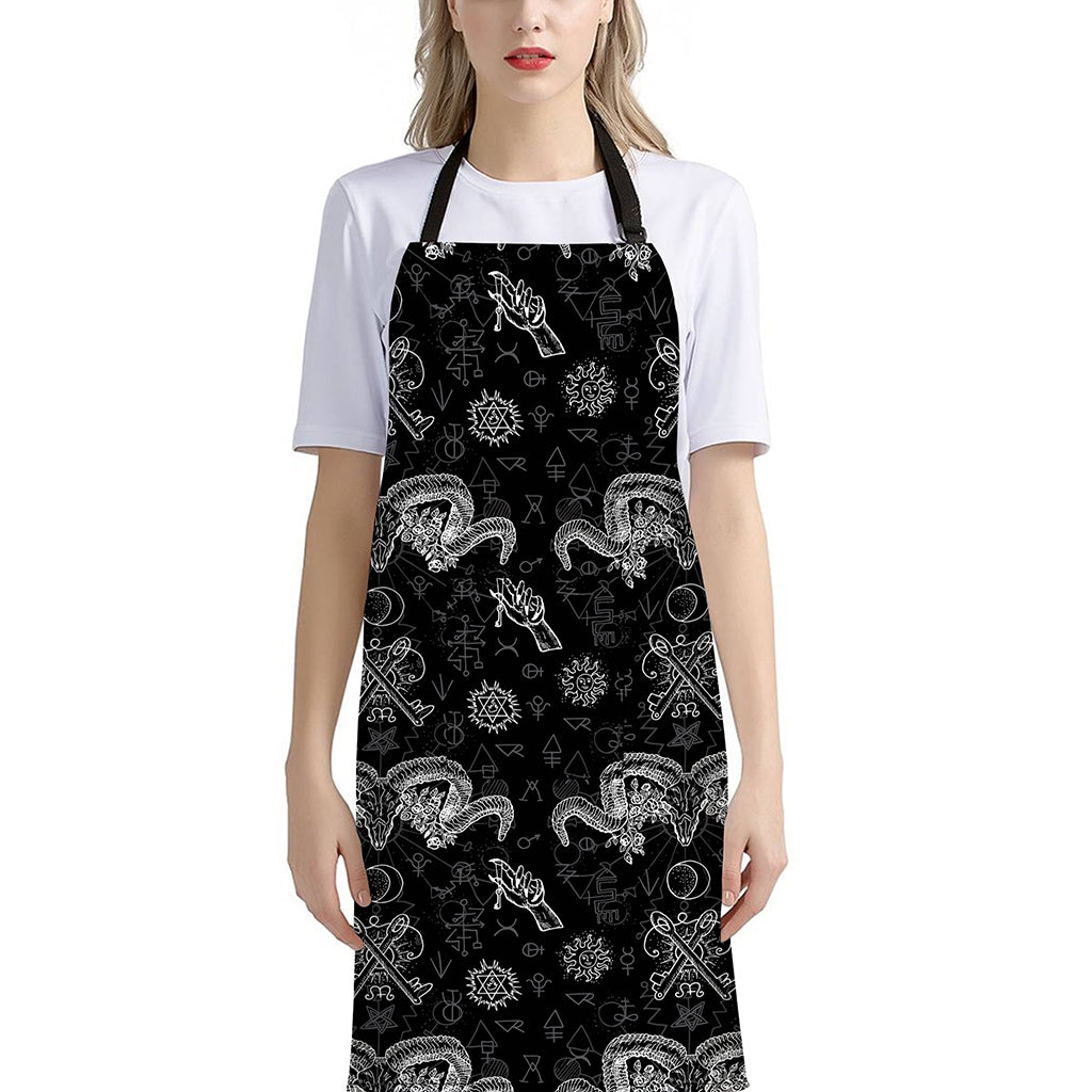 Black And White Wicca Gothic Print Bib Apron With Pocket
