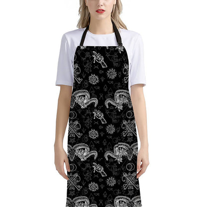 Black And White Wicca Gothic Print Bib Apron With Pocket