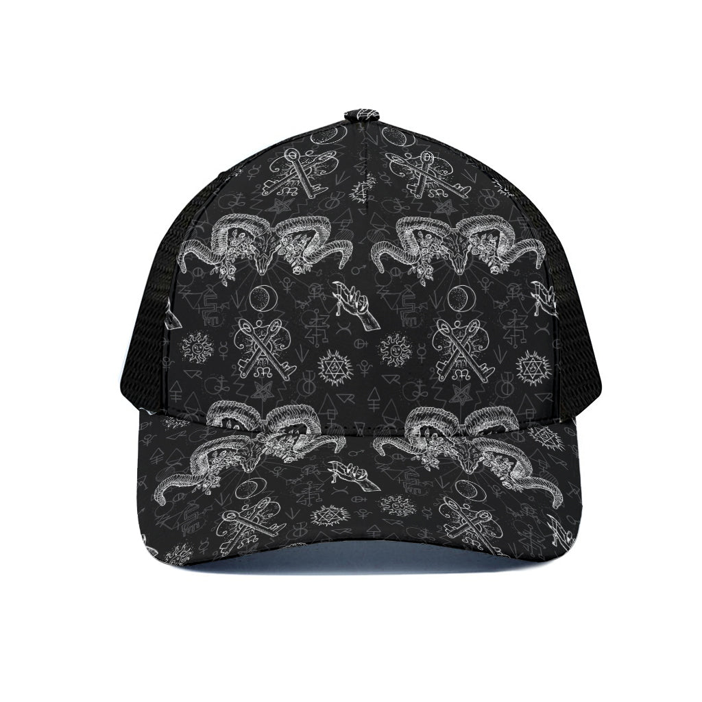 Black And White Wicca Gothic Print Black Mesh Trucker Cap