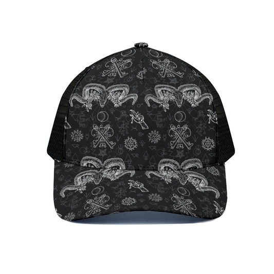 Black And White Wicca Gothic Print Black Mesh Trucker Cap