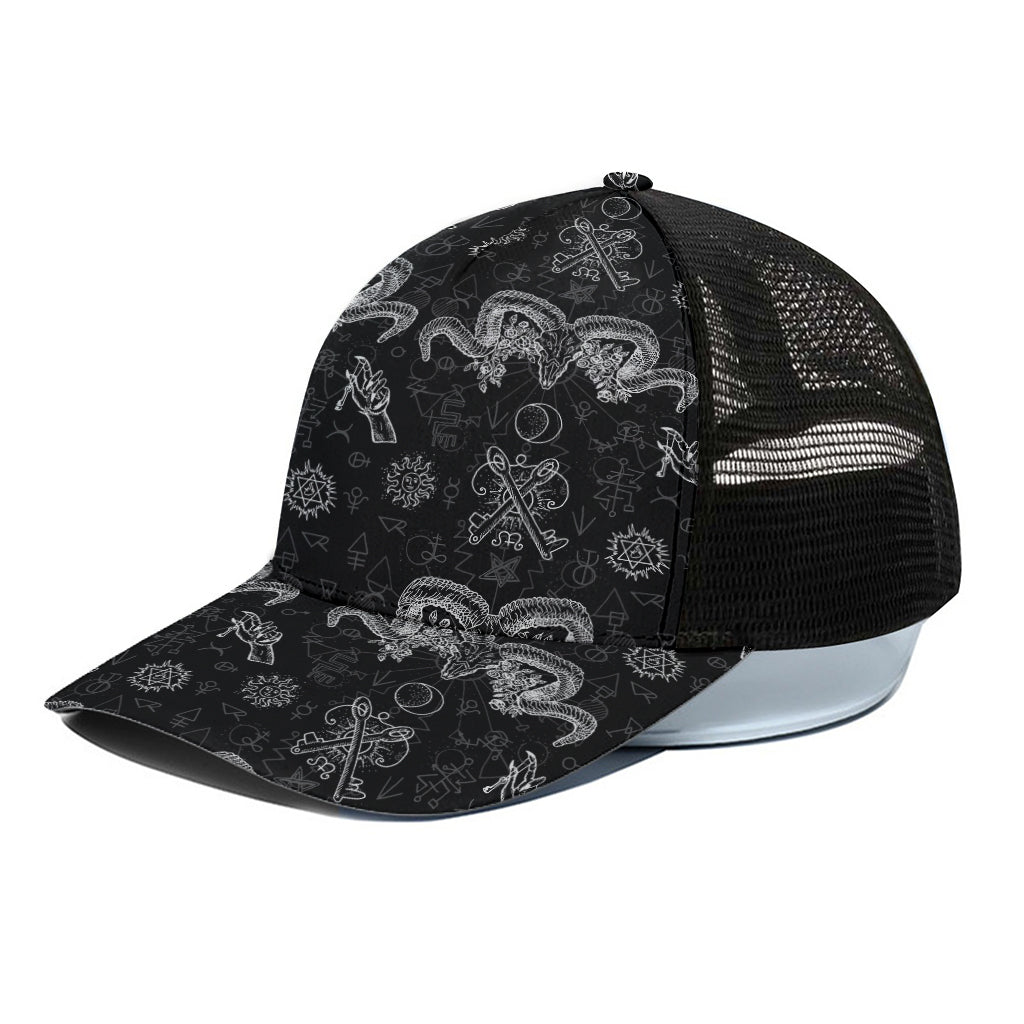 Black And White Wicca Gothic Print Black Mesh Trucker Cap