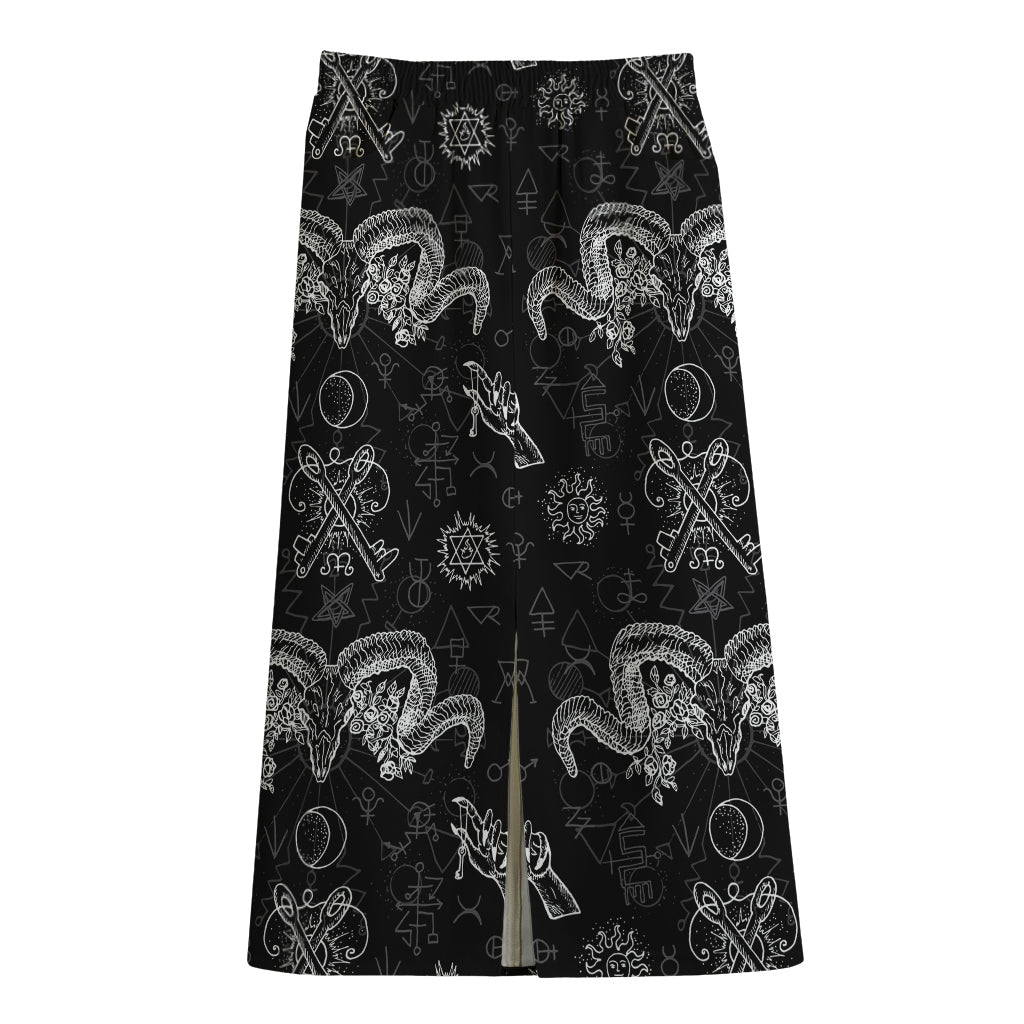Black And White Wicca Gothic Print Cotton Front Slit Maxi Skirt