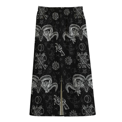 Black And White Wicca Gothic Print Cotton Front Slit Maxi Skirt