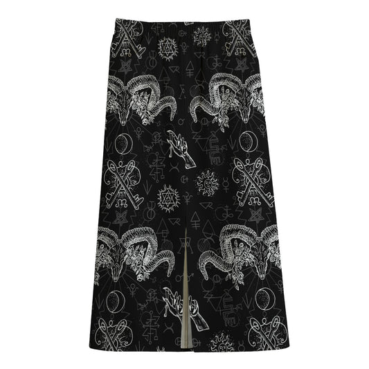 Black And White Wicca Gothic Print Cotton Front Slit Maxi Skirt