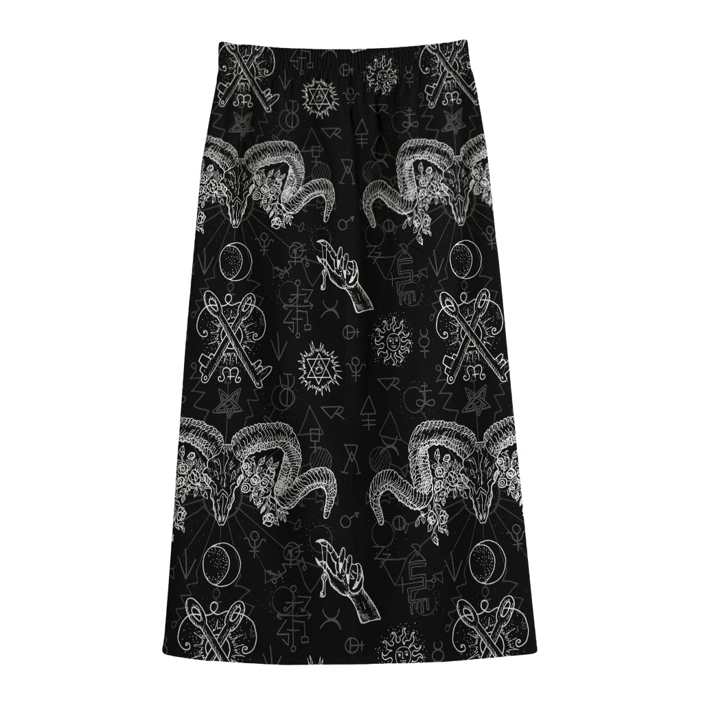 Black And White Wicca Gothic Print Cotton Front Slit Maxi Skirt