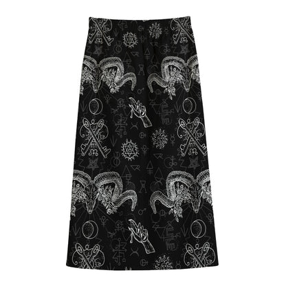 Black And White Wicca Gothic Print Cotton Front Slit Maxi Skirt