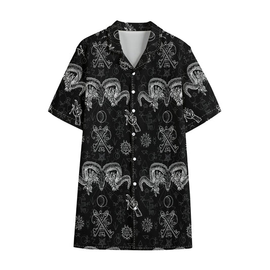 Black And White Wicca Gothic Print Cotton Hawaiian Shirt