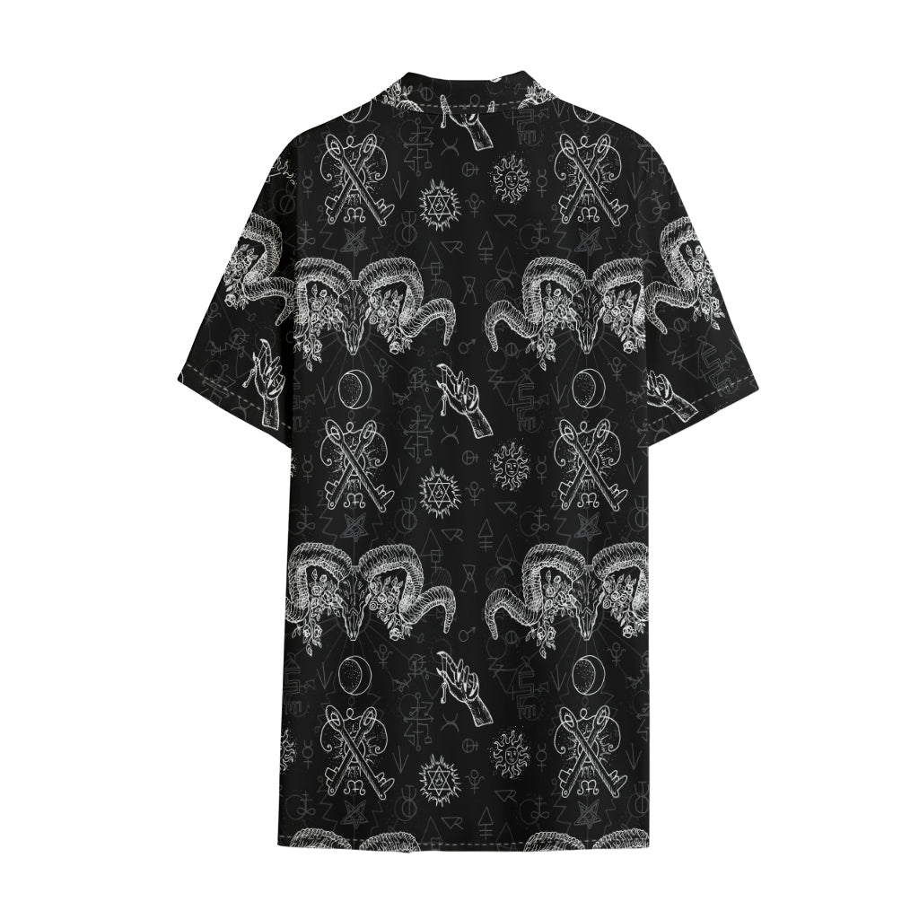 Black And White Wicca Gothic Print Cotton Hawaiian Shirt