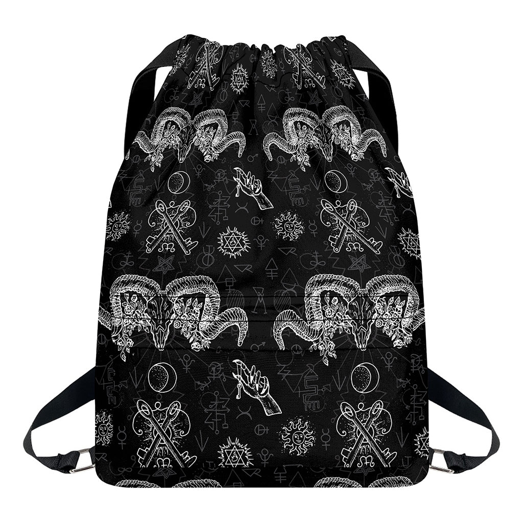Black And White Wicca Gothic Print Drawstring Backpack