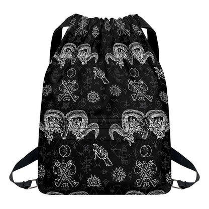 Black And White Wicca Gothic Print Drawstring Backpack