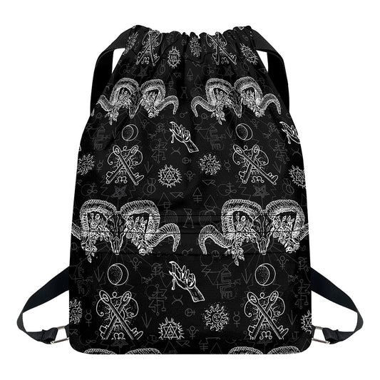 Black And White Wicca Gothic Print Drawstring Backpack