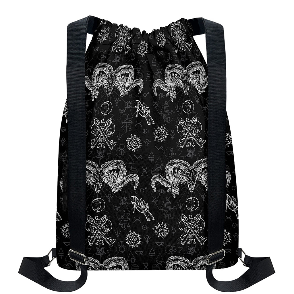 Black And White Wicca Gothic Print Drawstring Backpack
