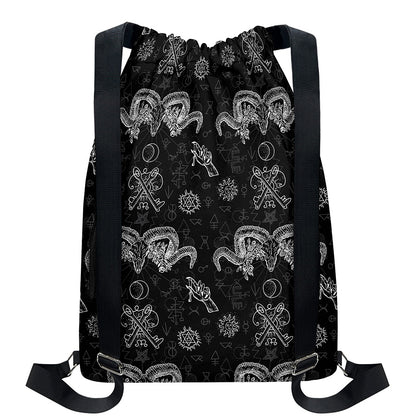 Black And White Wicca Gothic Print Drawstring Backpack