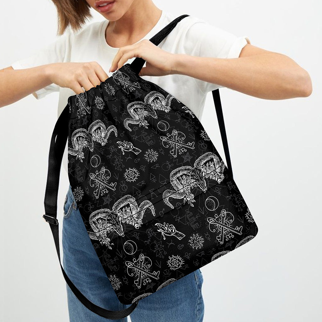 Black And White Wicca Gothic Print Drawstring Backpack