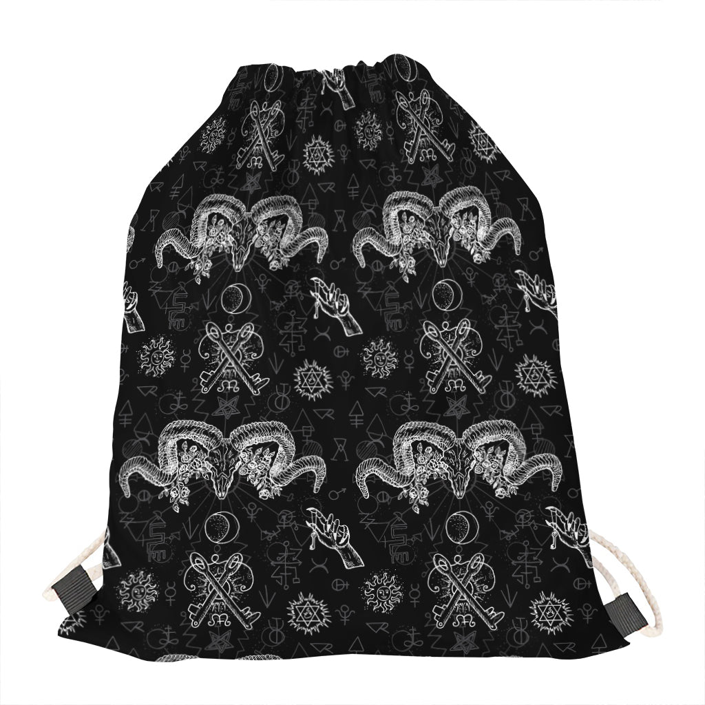 Black And White Wicca Gothic Print Drawstring Bag
