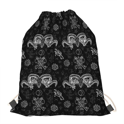 Black And White Wicca Gothic Print Drawstring Bag