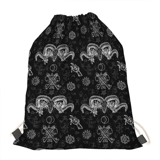Black And White Wicca Gothic Print Drawstring Bag