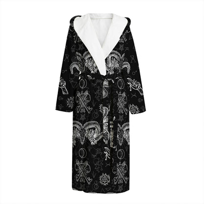 Black And White Wicca Gothic Print Hooded Bathrobe