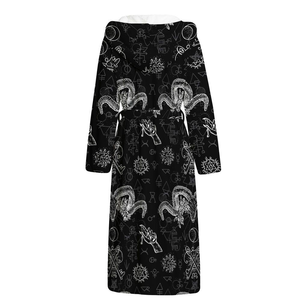 Black And White Wicca Gothic Print Hooded Bathrobe