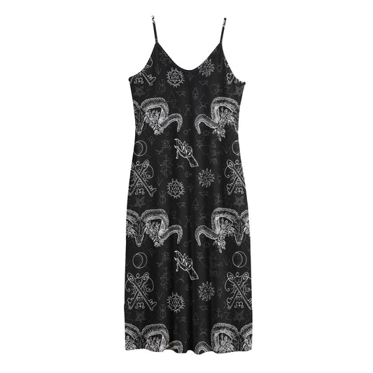 Black And White Wicca Gothic Print Jersey Midi Cami Dress