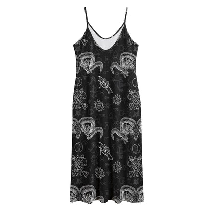 Black And White Wicca Gothic Print Jersey Midi Cami Dress