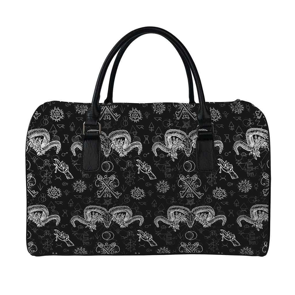 Black And White Wicca Gothic Print Leather Duffle Bag