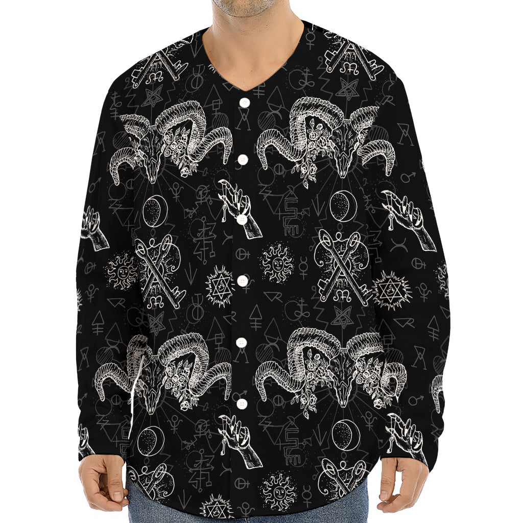 Black And White Wicca Gothic Print Long Sleeve Baseball Jersey