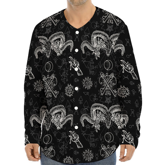 Black And White Wicca Gothic Print Long Sleeve Baseball Jersey